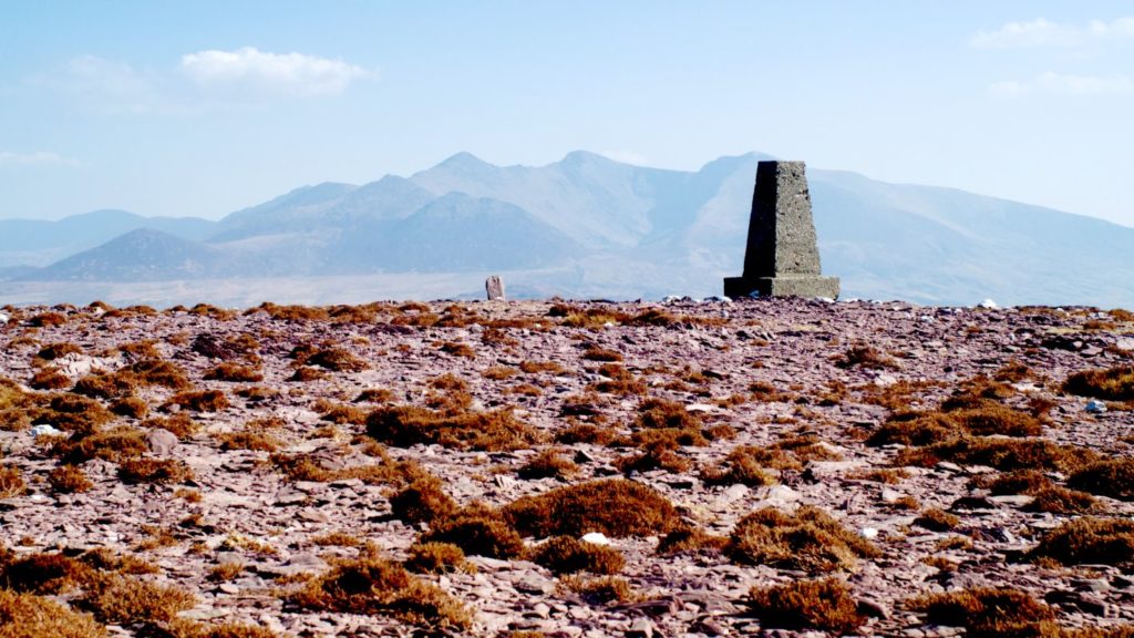 Trig point and standing stone on Seefin