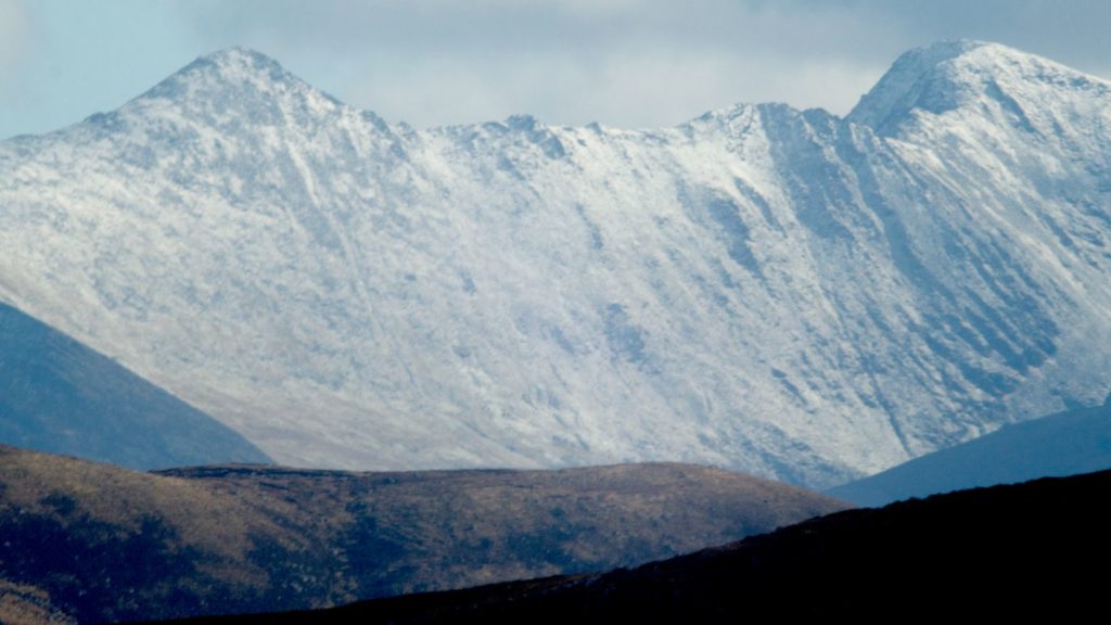 Carrauntouhill with snow from Drung
